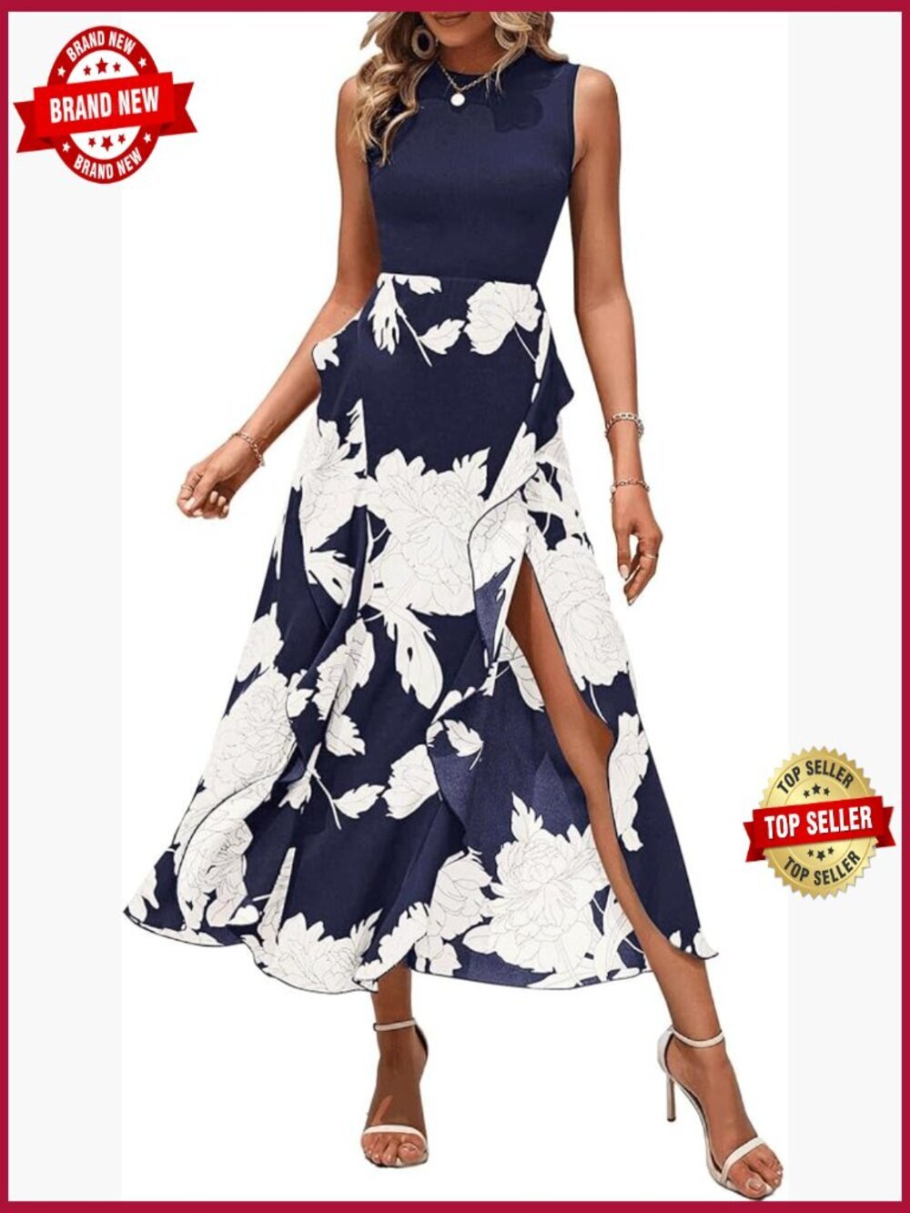 Sleeveless Floral Ruffle Boho Midi Dress Crewneck A-Line Split